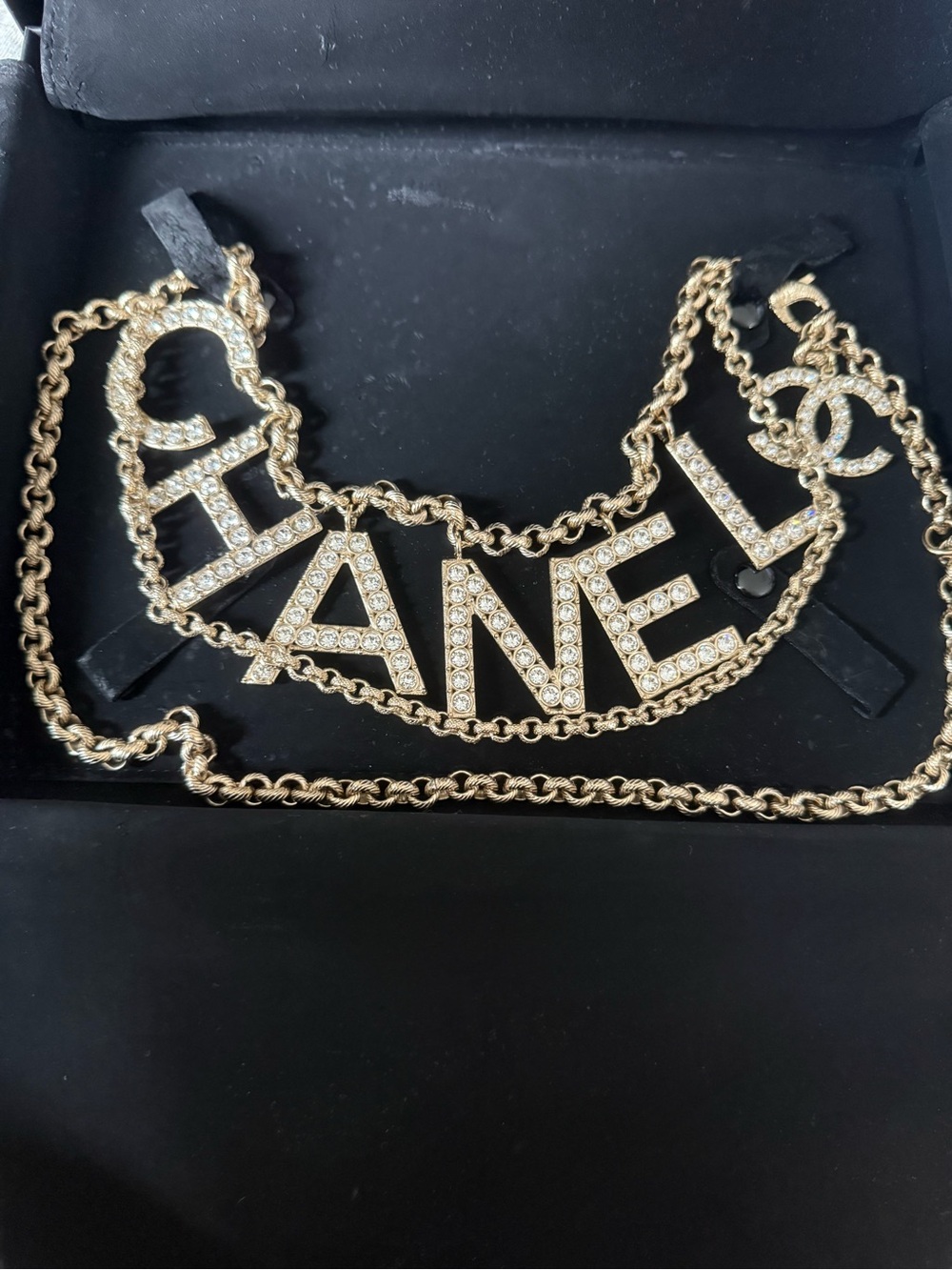 CHANEL Gold Crystal Logo 90’s Icon Chain Belt.